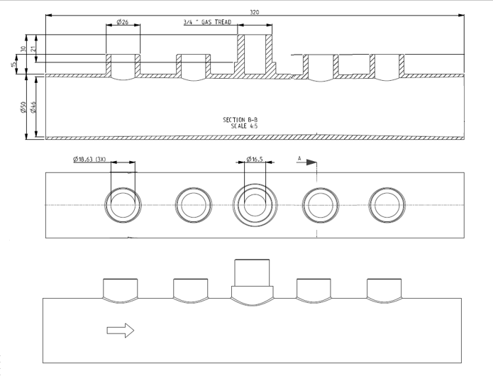 Meet en injectiebuis buis 50mm met 4 gaten 1 1/2 inch met aansluiting 3/4' flowswitch + dop 3/4 inch