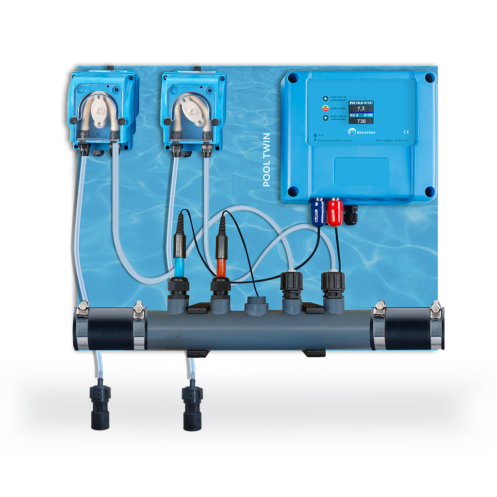 Doseerapparaat vloeibare pH en Chloor  voorgemonteerd op plaat met pH en RX regeling  - Display - zonder flow switch - voor zwembad van 10 tot 150m³
