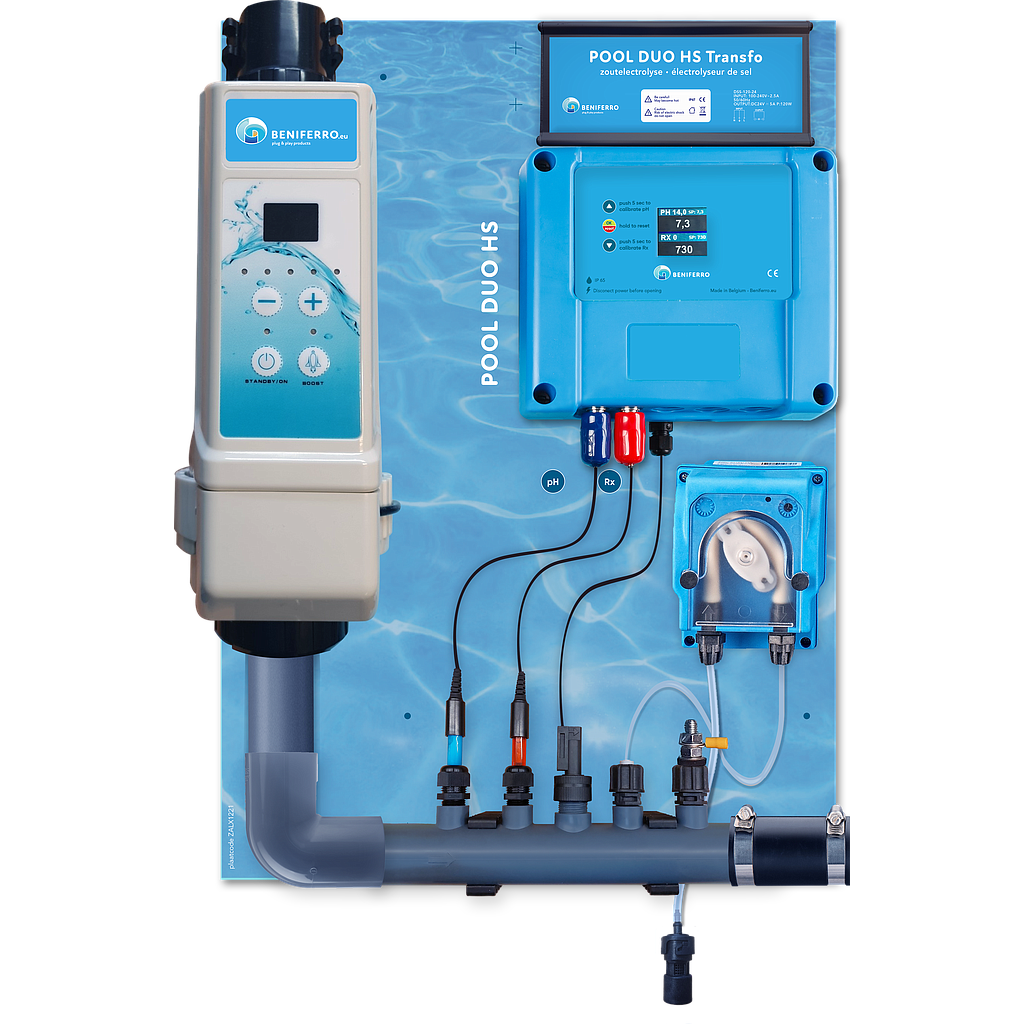 Zoutelektrolyse HS voorgemonteerd op wandplaat met pH en RX regeling - Display - 16g/h-Zwembad 50m³ - met flow switch