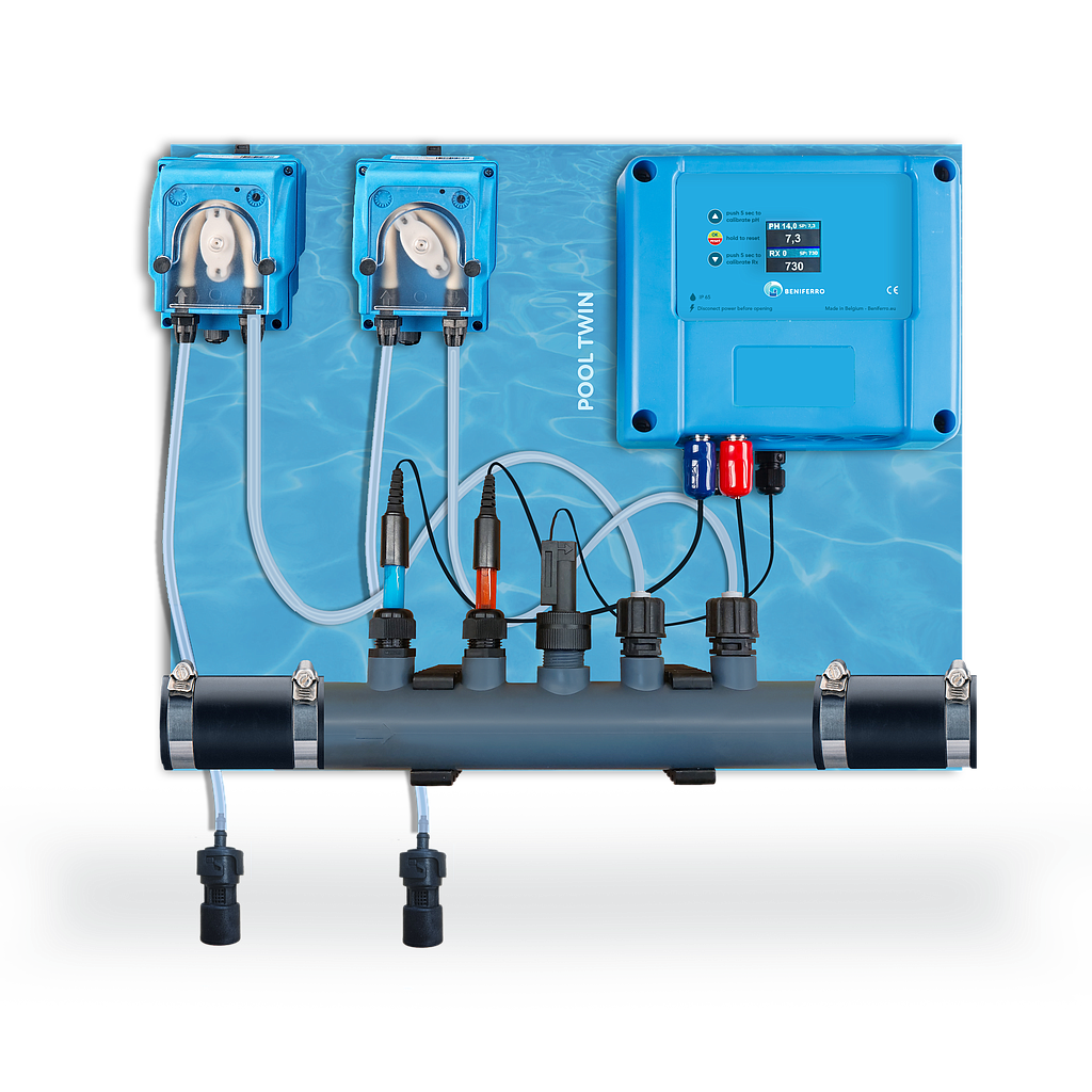 Doseerapparaat vloeibare pH en Chloor  voorgemonteerd op plaat met pH en RX regeling  - Display - met flow switch - voor zwembad van 10 tot 150m³