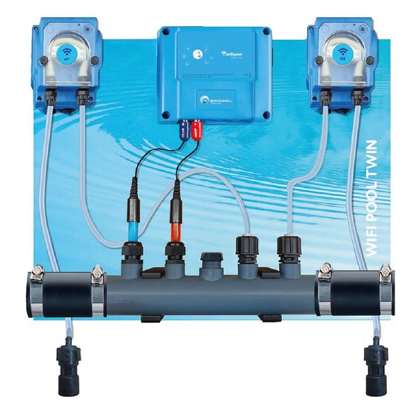 Doseerapparaat vloeibare pH en Chloor  voorgemonteerd op plaat met pH en RX regeling  - Wifi - met flow switch - voor zwembad en Spa van 1 tot 150m³