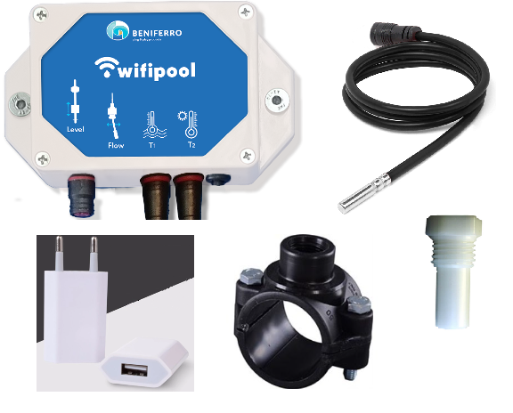 Wifipool module TLF  incl temp sonde + aanboorzadel 50mm/ 1/2 inch + temp sondehouder + usb transfostekker 1 aansluiting complete kit
