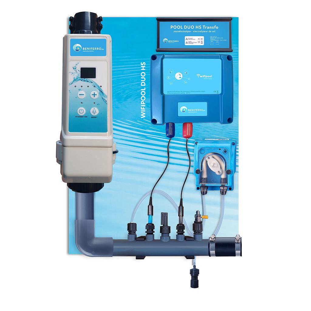 Zoutelektrolyse HS voorgemonteerd op wandplaat met pH en RX regeling - Wifi - 16g/h-Zwembad 50m³ - met flow switch