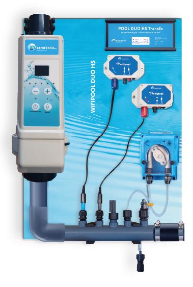 Zoutelektrolyse HS voorgemonteerd op wandplaat met pH en RX regeling - Wifi - 20g/h-Zwembad 60m³ - met flow switch³