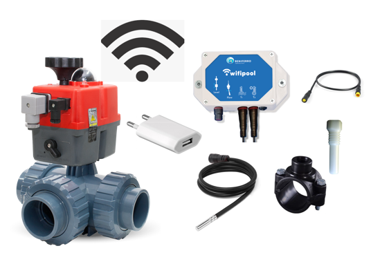 WIFI Automatische 3-wegkraan 63 mm L boring met TLF temperatuursregeling  module  en temperatuursensoren (1 &amp; 3m) - plug &amp; play 