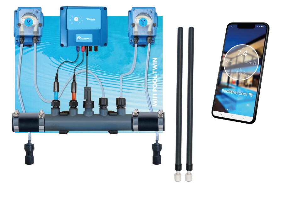 Doseerapparaat vloeibare pH en Chloor  voorgemonteerd op plaat met pH en RX regeling  - Wifi - met flow en level switch - voor zwembad en Spa van 1 tot 150m³
