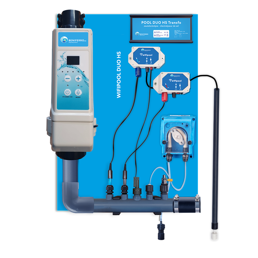 Zoutelektrolyse HS voorgemonteerd op wandplaat met pH en RX regeling - Wifi - 20g/h-Zwembad 60m³ - met flow en level switch³