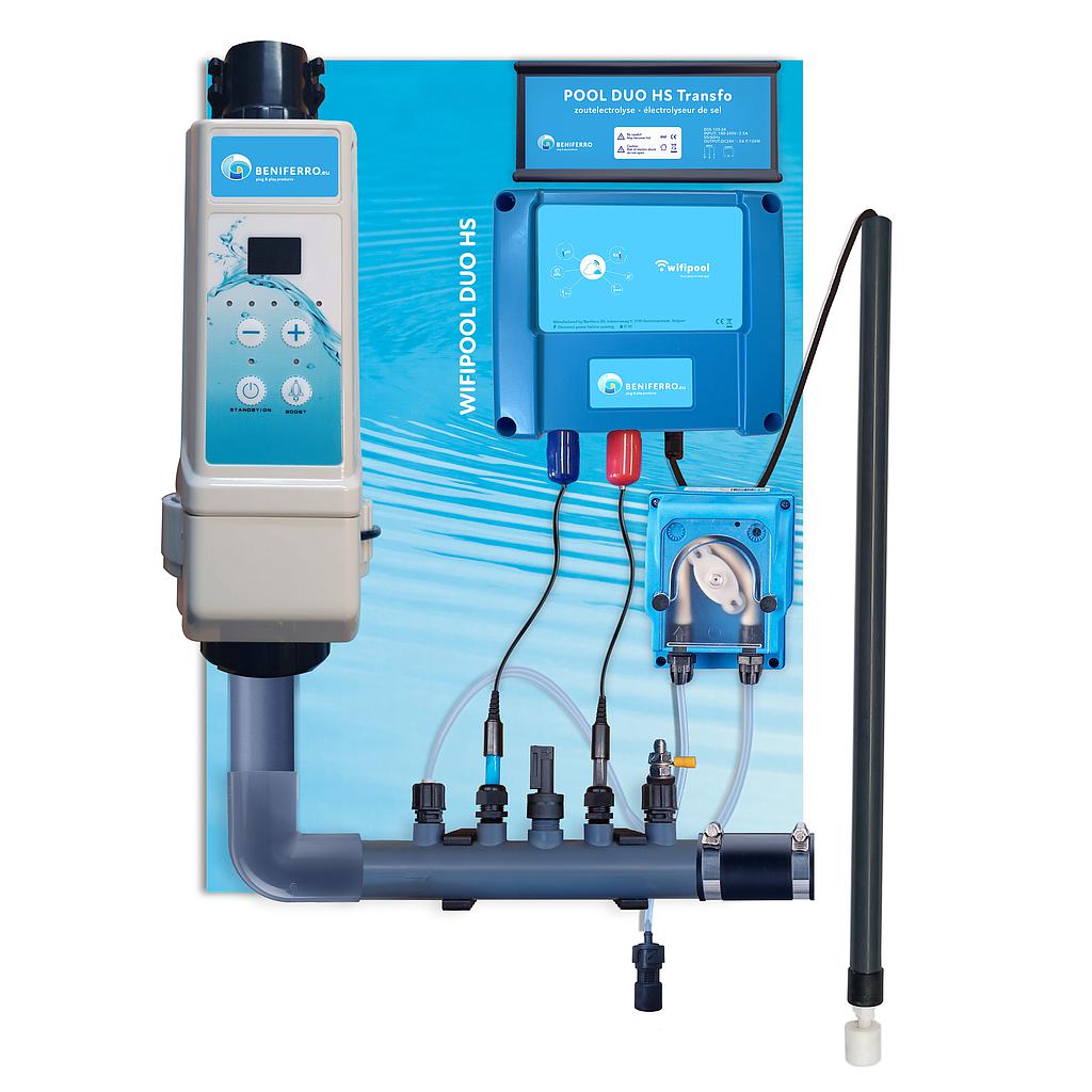 Zoutelektrolyse HS voorgemonteerd op wandplaat met pH en RX regeling - Wifi - 16g/h-Zwembad 50m³ - met flow en level switch