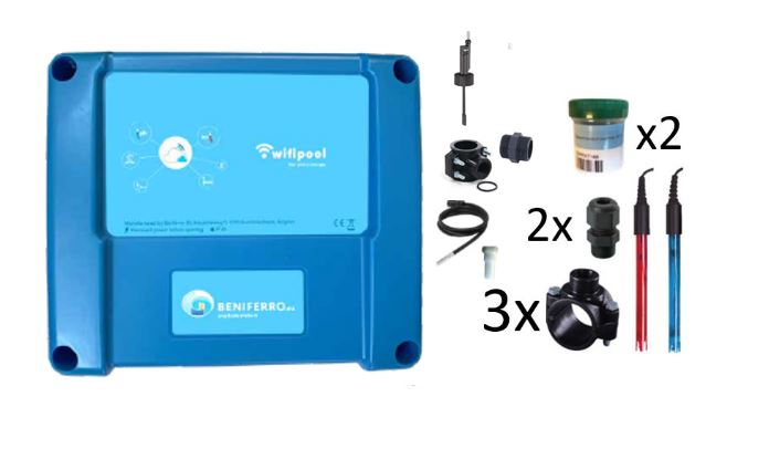 Wifipool connect PRO meet-box voor zoutelectrolyse  (pH-RX-temp x2, Niveau x2 - Flow) incl meet-en installatiemateriaal, uitbreidbaar naarregeling  pH, zoutelectrolyse en verwarming complete kit