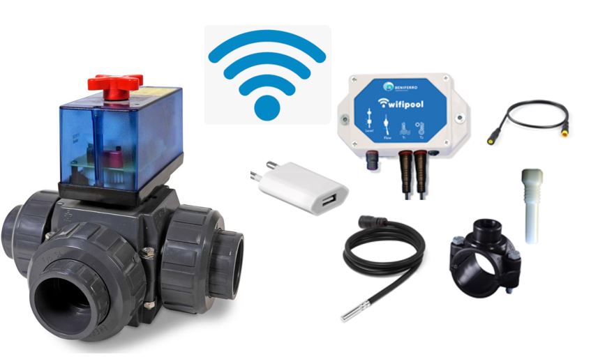 WIFI Automatische 3-wegkraan 50mm  T boring met TLF temperatuursregeling  module  en temperatuursensoren (1 &amp; 3m) - plug &amp; play type Peraqua zelfbouwpakket