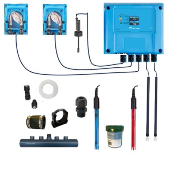 Doseerapparaat vloeibare pH en Chloor zelfbouwpakket  met pH en RX regeling - Display - met flow en level switch - voor zwembad van 10 tot 150m³