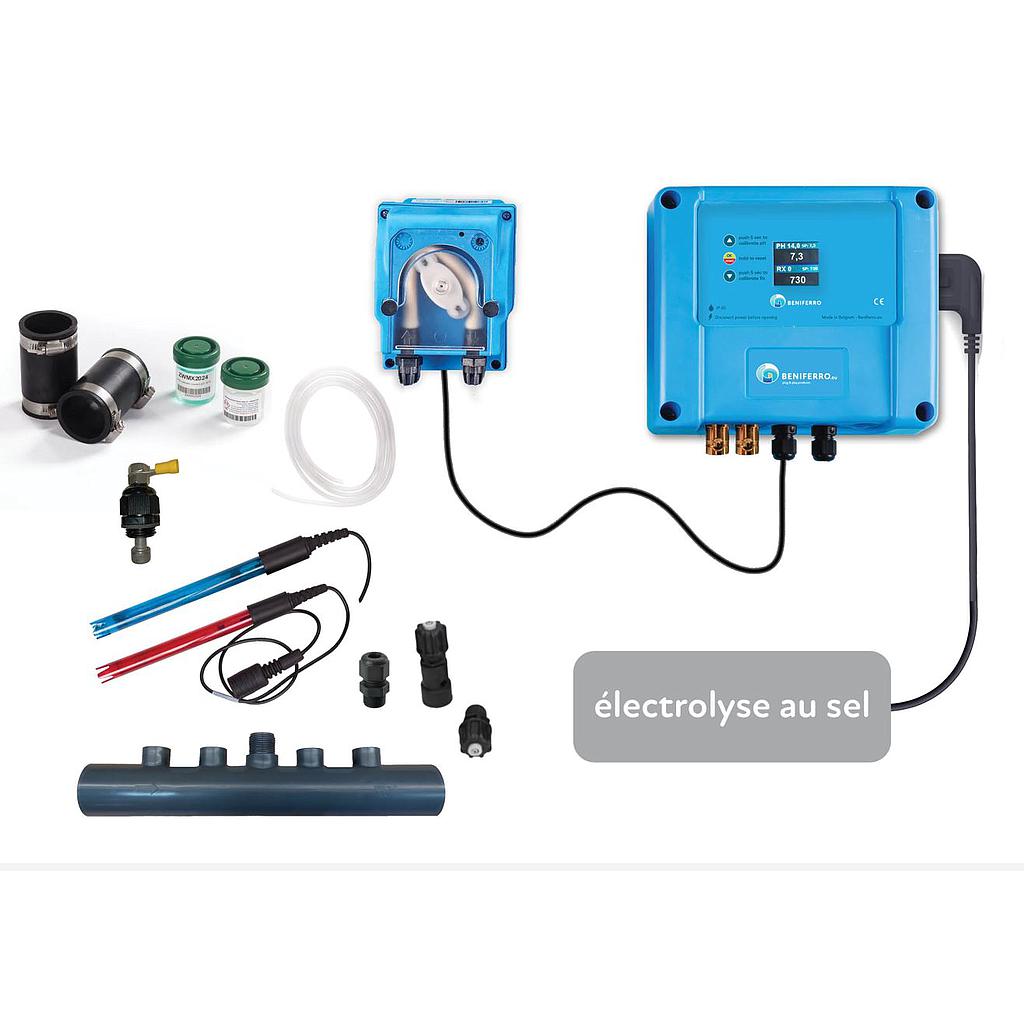 Zoutelectrolysecontroletoestel met pH en RX regeling en stekker voor zoutelectrolyse naar vije keuze - Display - met flow switch - zelfbouwpakket