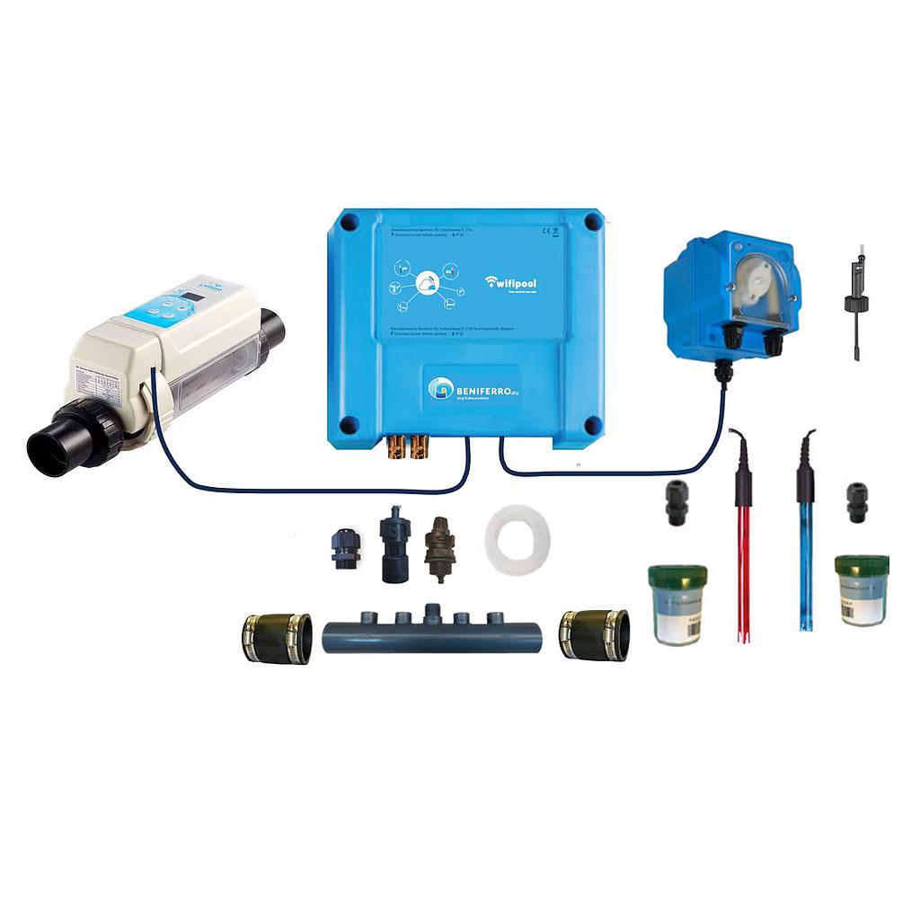 Zoutelektrolyse HS zelfbouwpakket met pH en RX regeling - Wifi - 16g/h-Zwembad 50m³ - met flow switch