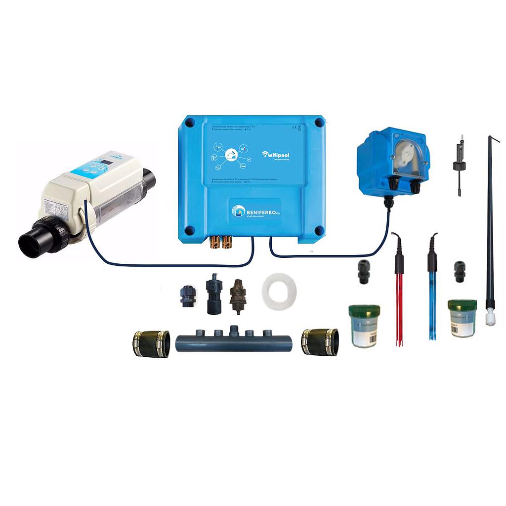 Zoutelektrolyse HS zelfbouwpakket met pH en RX regeling - Wifi - 16g/h-Zwembad 50m³ - met flow en level switch