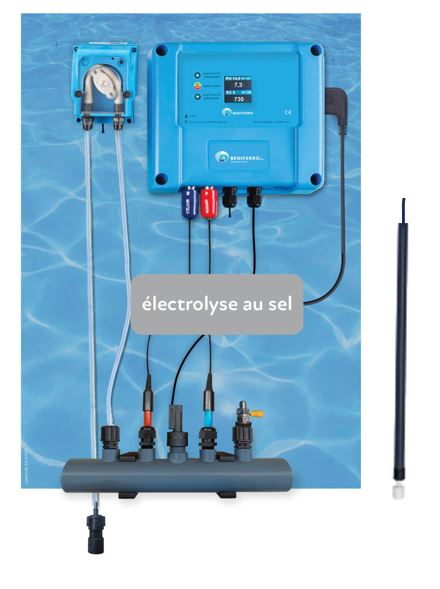 Zoutelectrolysecontroletoestel voorgemonteerd op wandplaat met pH en RX regeling en stekker voor zoutelectrolyse naar vije keuze - Display - met flow en level switch
