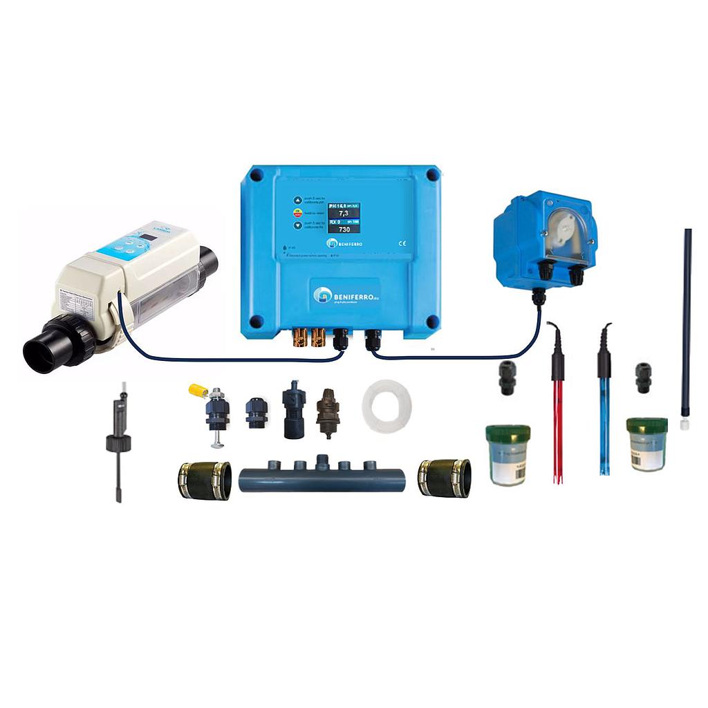 Zoutelektrolyse HS zelfbouwpakket met pH en RX regeling - Display - 16g/h-Zwembad 50m³ - met flow en level switch