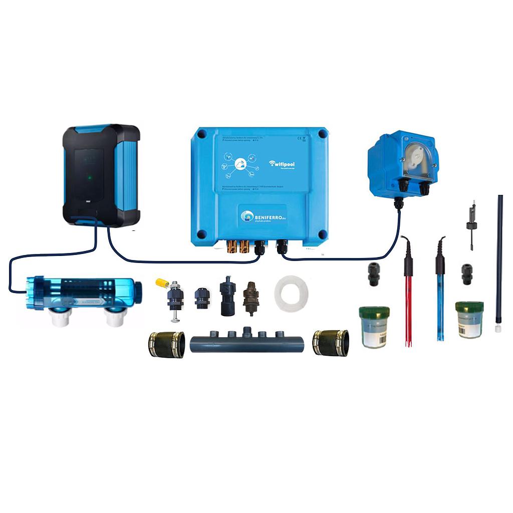 Zoutelectrolyse SQ zelfbouwpakket met pH en RX regeling  - wifi - 42g/h-Zwembad van 125m³ - met flow en level switch 