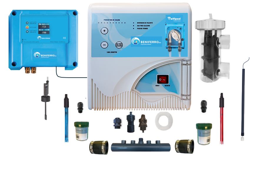 Zoutelektrolyse Low Salt zelfbouwpakket met pH en RX regeling - Display - met flow en level switch - 15g/h-Zwembad tot 50 m³