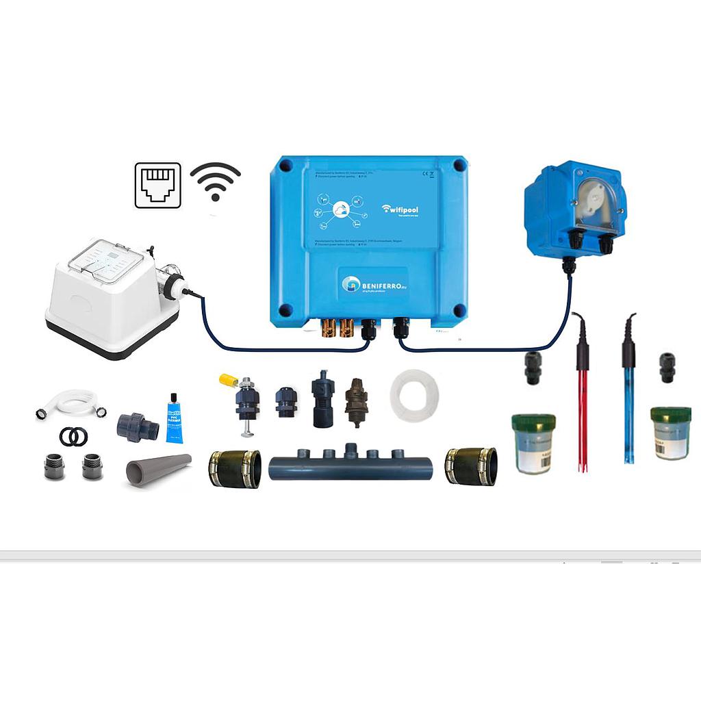 Zoutelektrolyse EL zelfbouwpakket met pH en RX regeling - Wifi - 20g/h-Zwembad 60m³ - met flow switch 