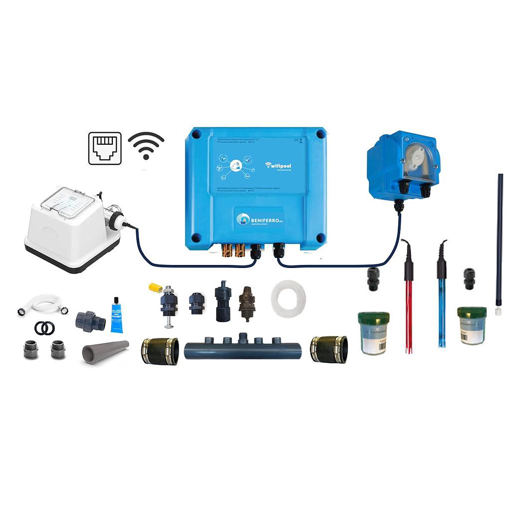 Zoutelektrolyse EL zelfbouwpakket met pH en RX regeling - Wifi - 20g/h-Zwembad 50m³ - met flow en level switch 